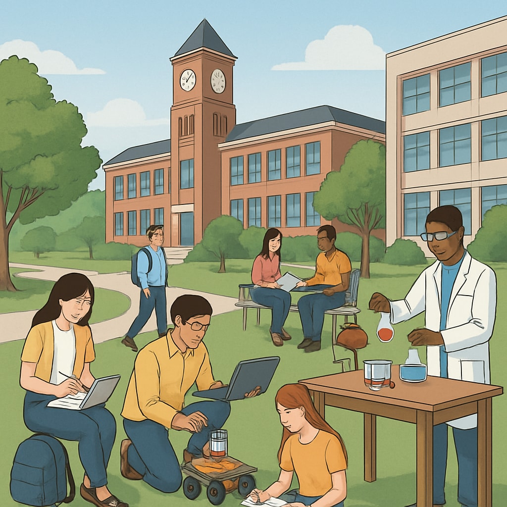 University campus with students exploring education and engineering degrees.