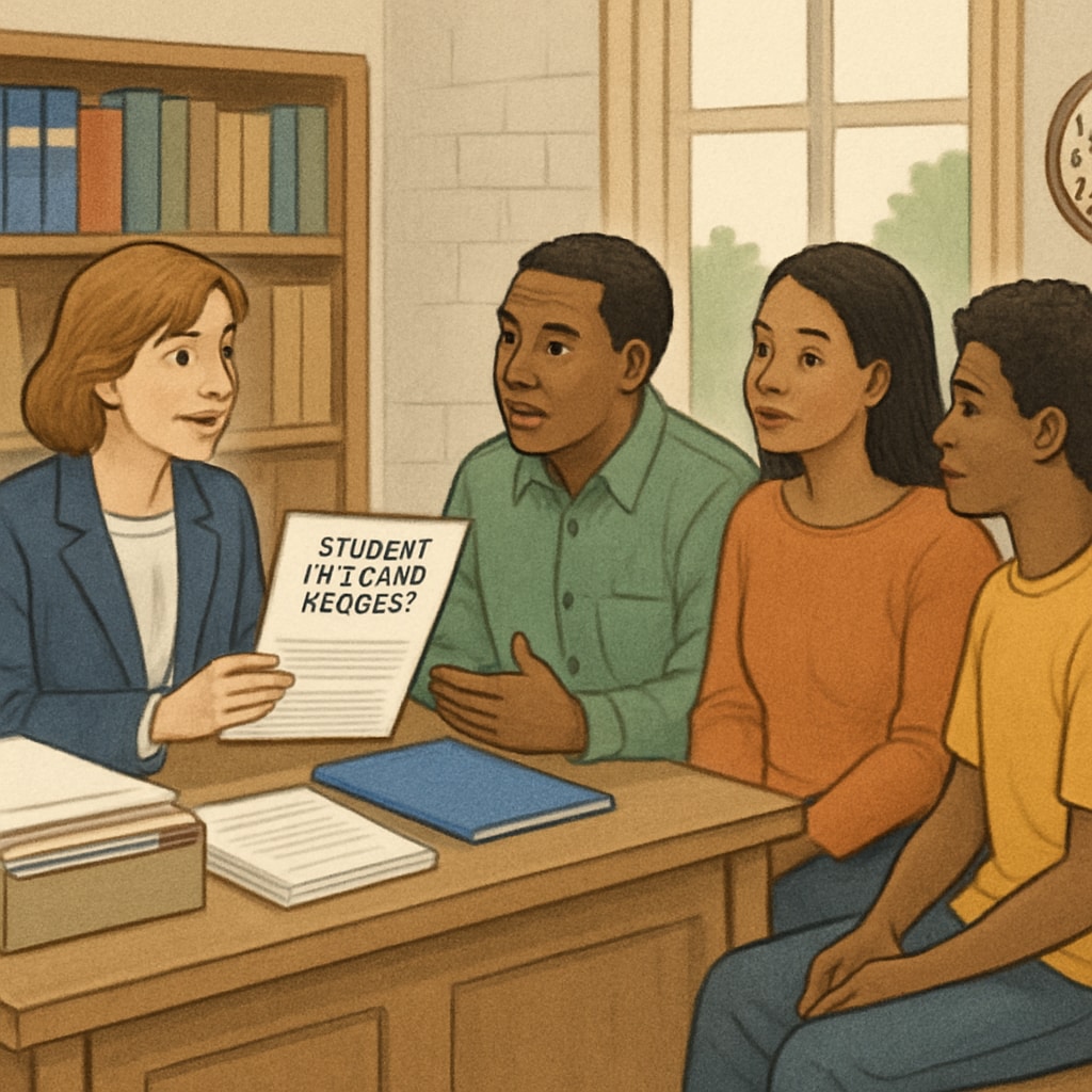 School administrative office with transfer documents and a family.
