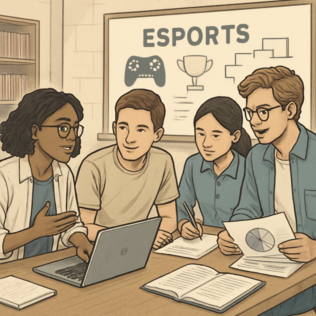 Diverse students working together on a project related to esports education