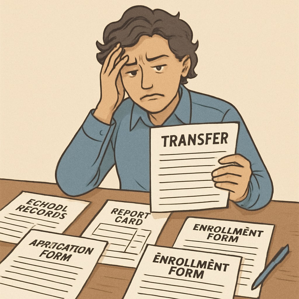 A parent holding paperwork, symbolizing struggles with school transfer bureaucracy.