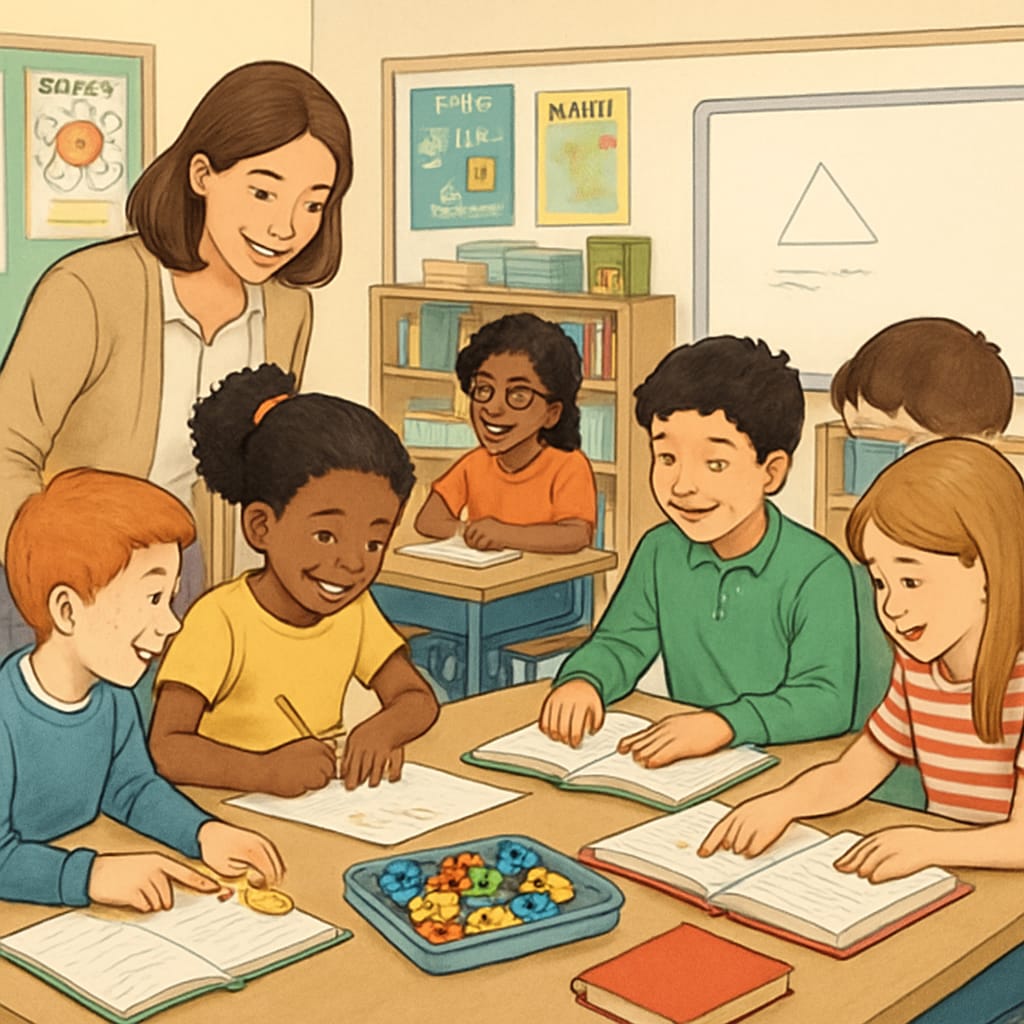 Diverse students in a classroom working together on a project.