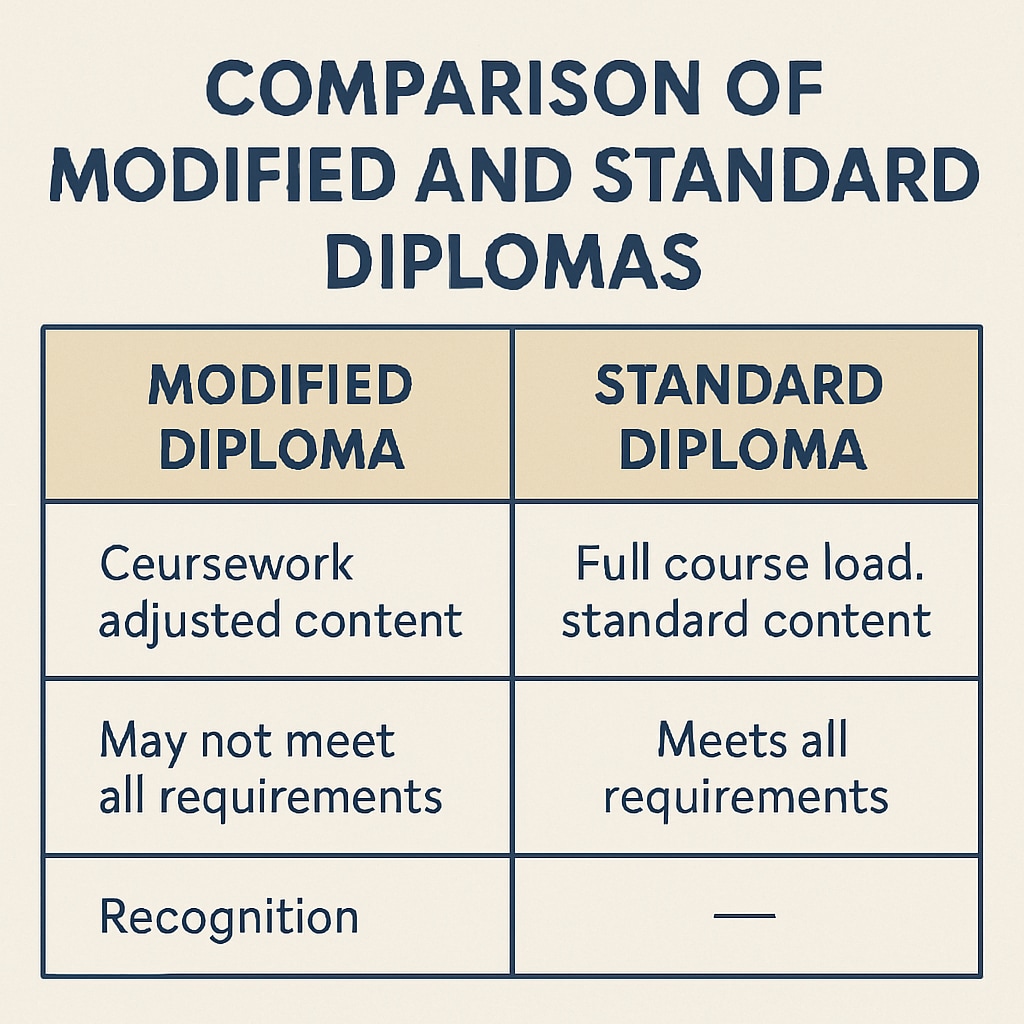Comparison chart showing the distinctions between modified and standard high school diplomas.