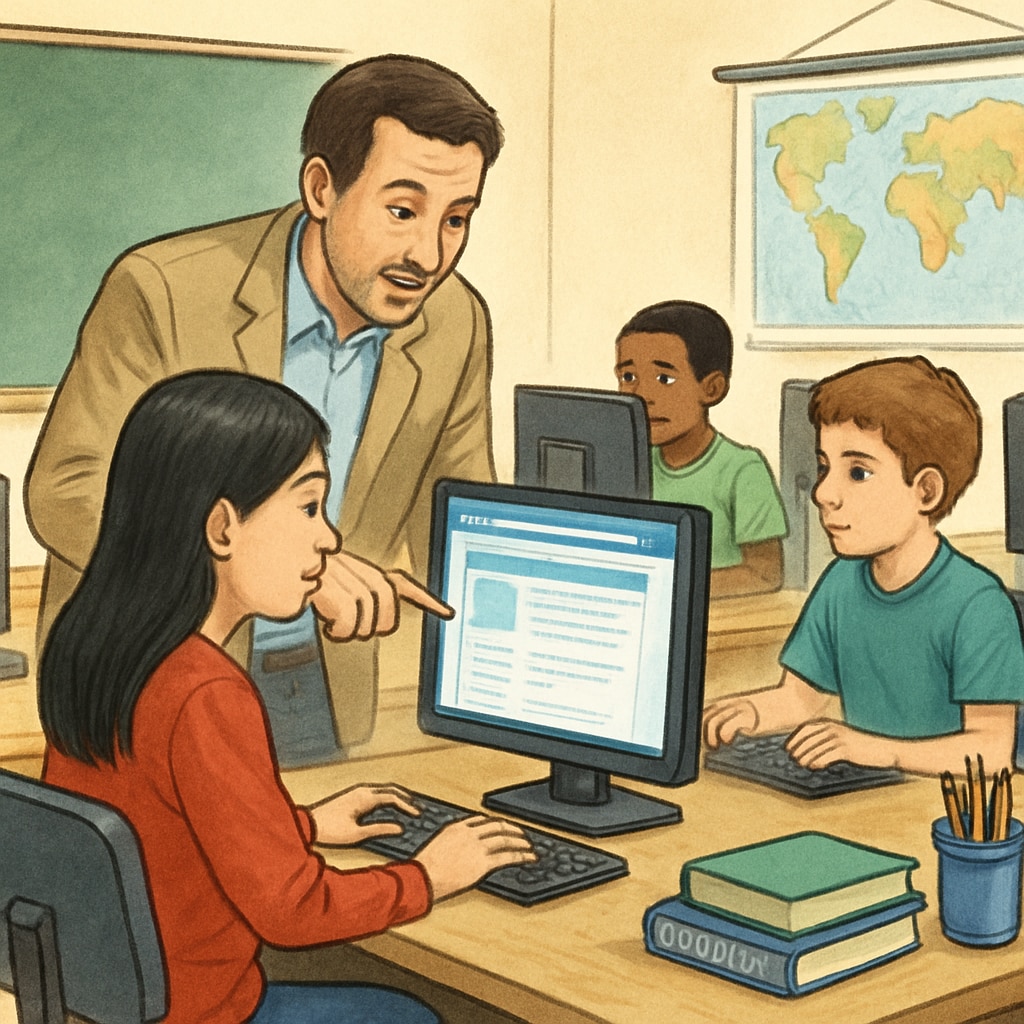 A classroom scene highlighting the importance of unrestricted internet for education.