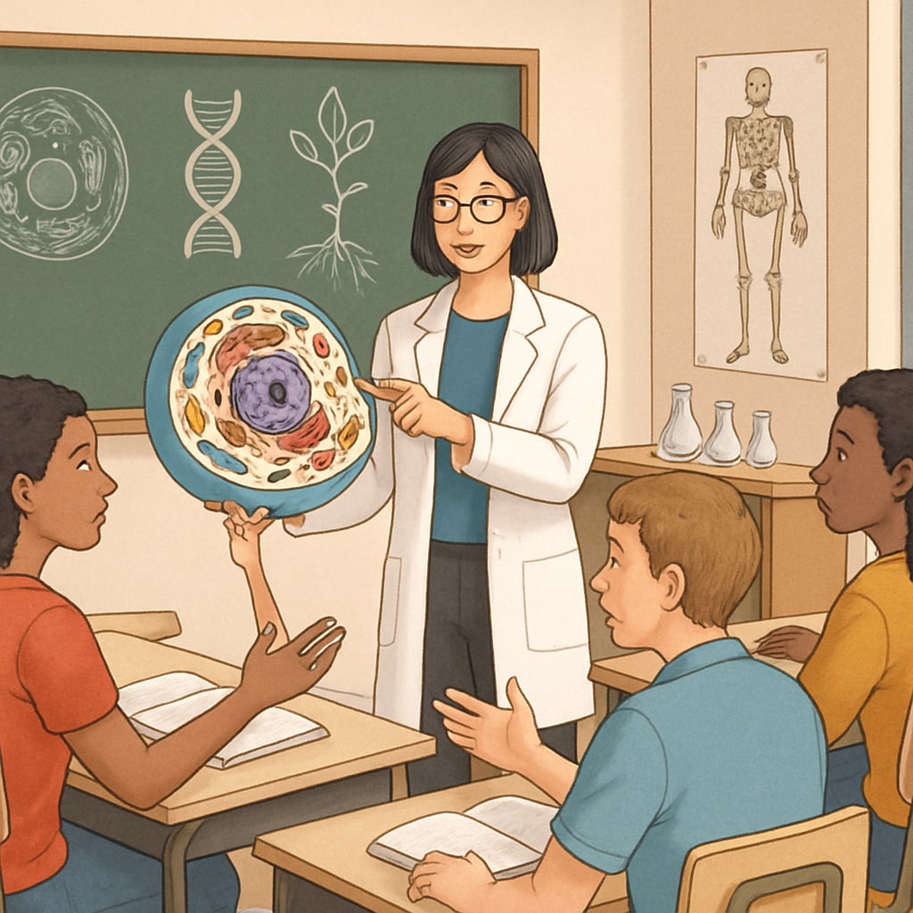 A teacher explaining biological concepts to students, showcasing the biology-to-education transition.