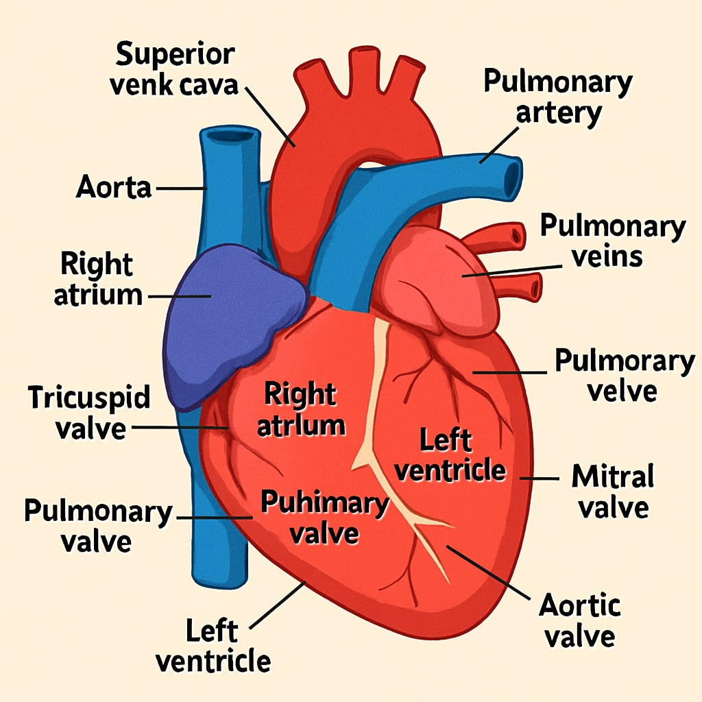 Anatomy of the human heart infographic for K12 students learning cardiology.