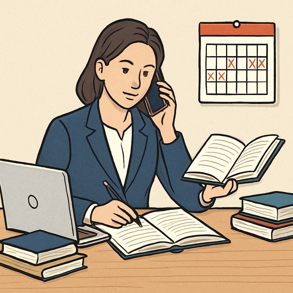 A professional juggling work responsibilities and studying, symbolizing the balance between career and education. Balancing master's degree and career growth with time management strategies
