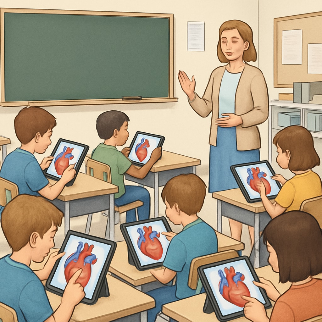 K12 students interacting with a virtual heart model in a classroom setting.