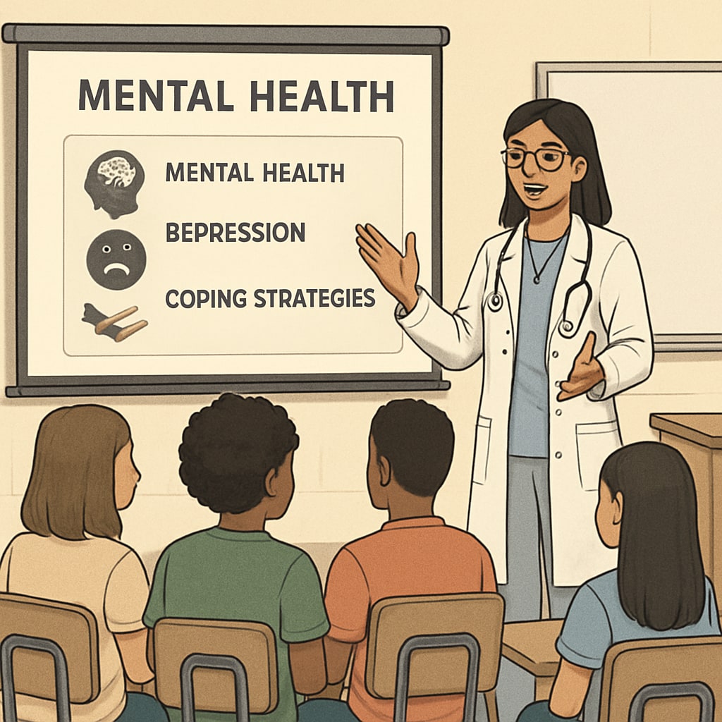 A medical student engaging with high school students during a mental health workshop, presenting slides and interacting with the audience. Medical student giving a presentation on mental health to high school students.