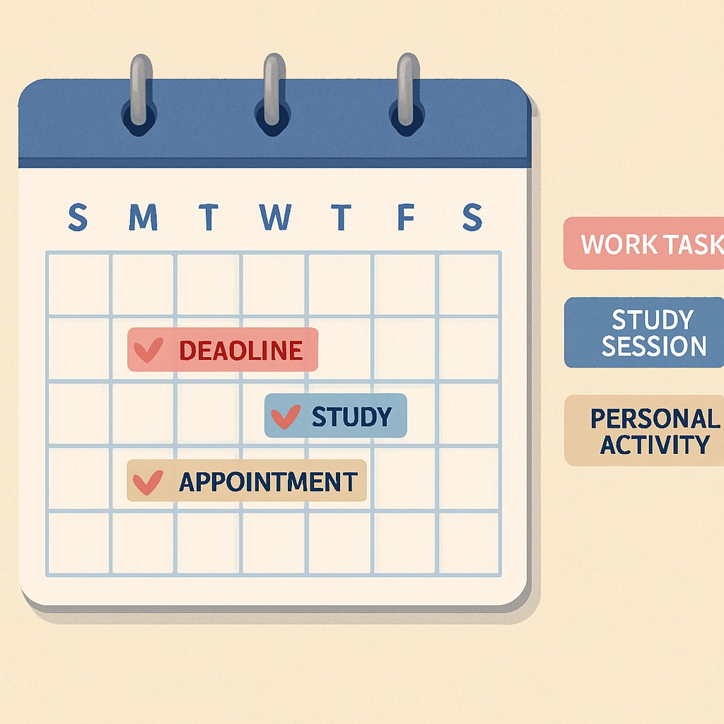 A calendar with marked deadlines for work tasks, study sessions, and personal activities, illustrating effective time management. Time management strategies for balancing work and a master's program