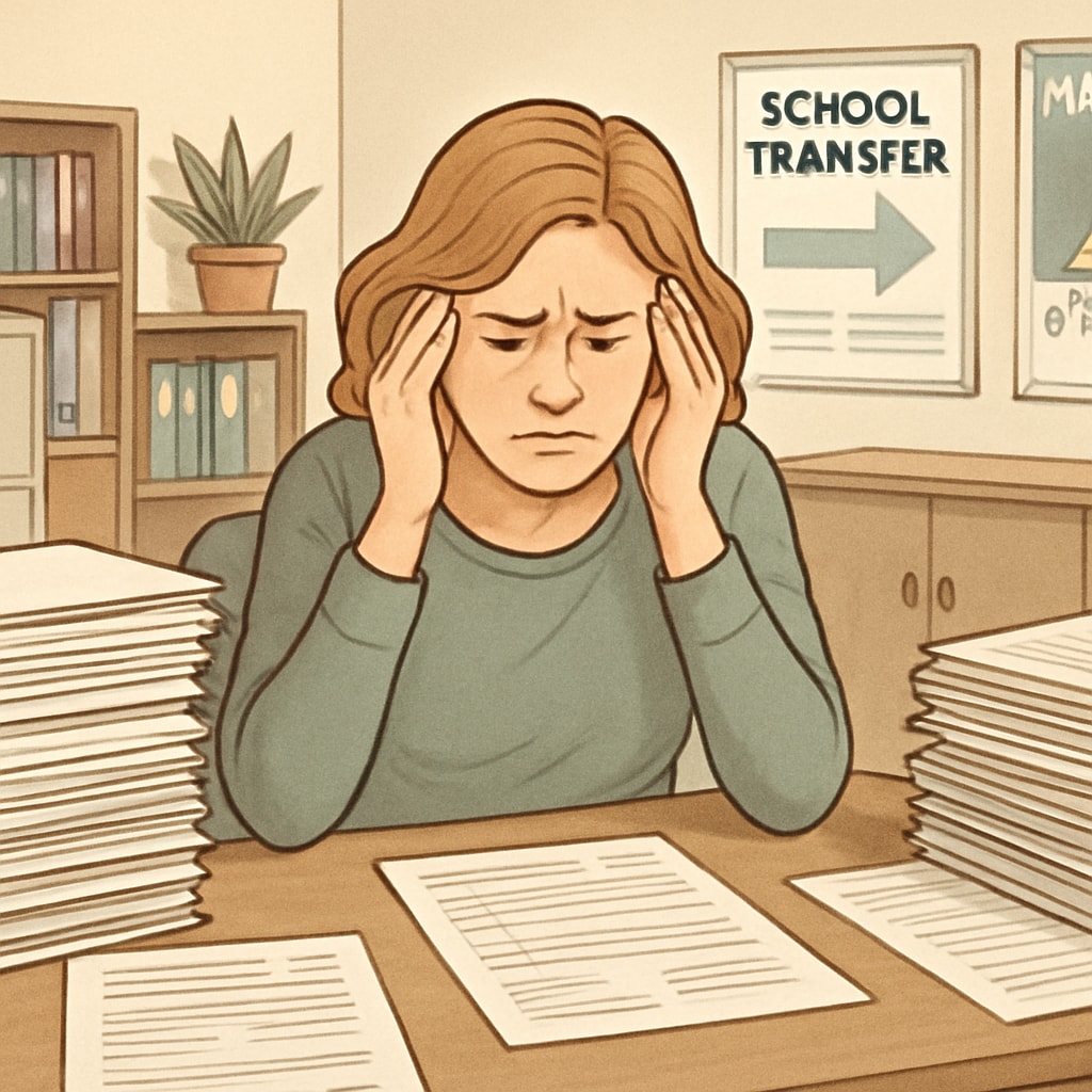 Barriers to school transfers highlighted by an image of a parent handling paperwork.