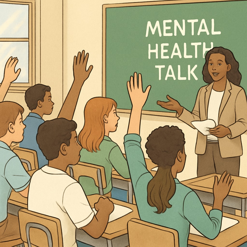 High school students actively participating in a mental health talk, raising hands and engaging with the speaker. High school students interacting during a mental health session.