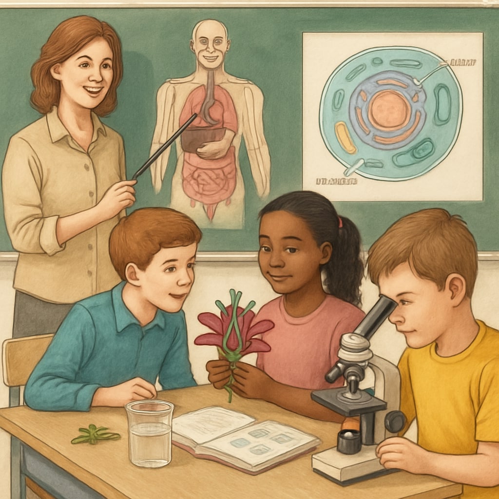 A teacher engaging students in a biology lesson, with a focus on hands-on learning and visual aids. Biology graduate teaching students in a classroom as part of an Education Master's.