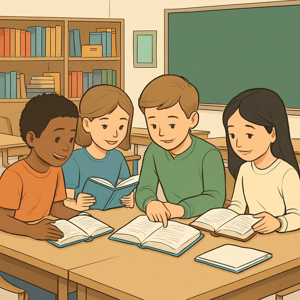 Elementary students reading books in a classroom setting.