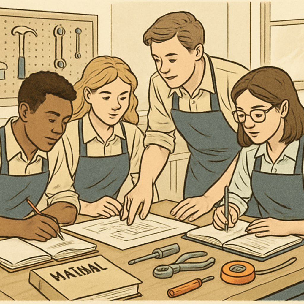 A group of young adults participating in an apprenticeship training program. Young adults in an apprenticeship program for education recovery.