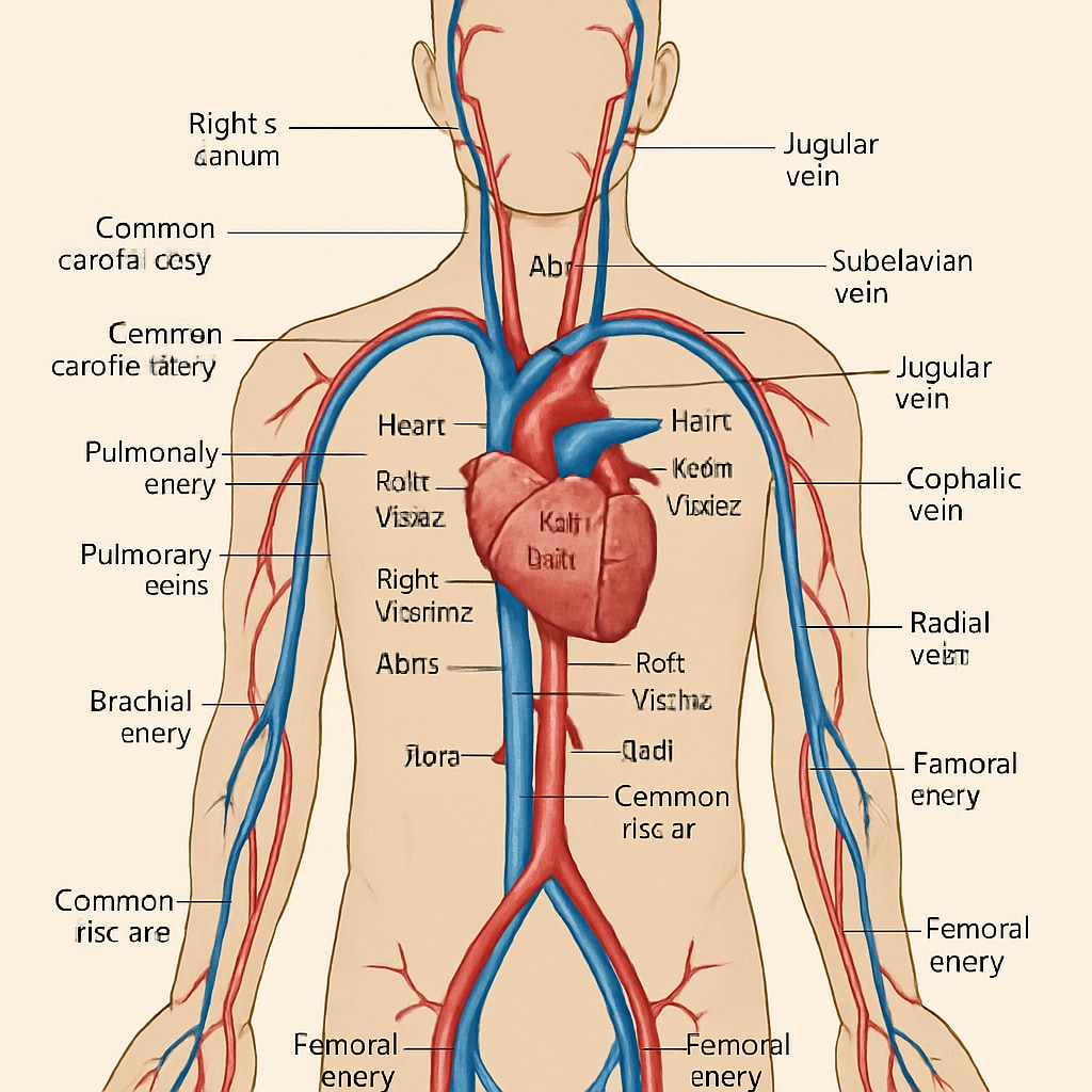 A diagram depicting the human cardiovascular system, highlighting the heart and major blood vessels. Cardiovascular system diagram showcasing heart and blood vessels for non-medical learners.