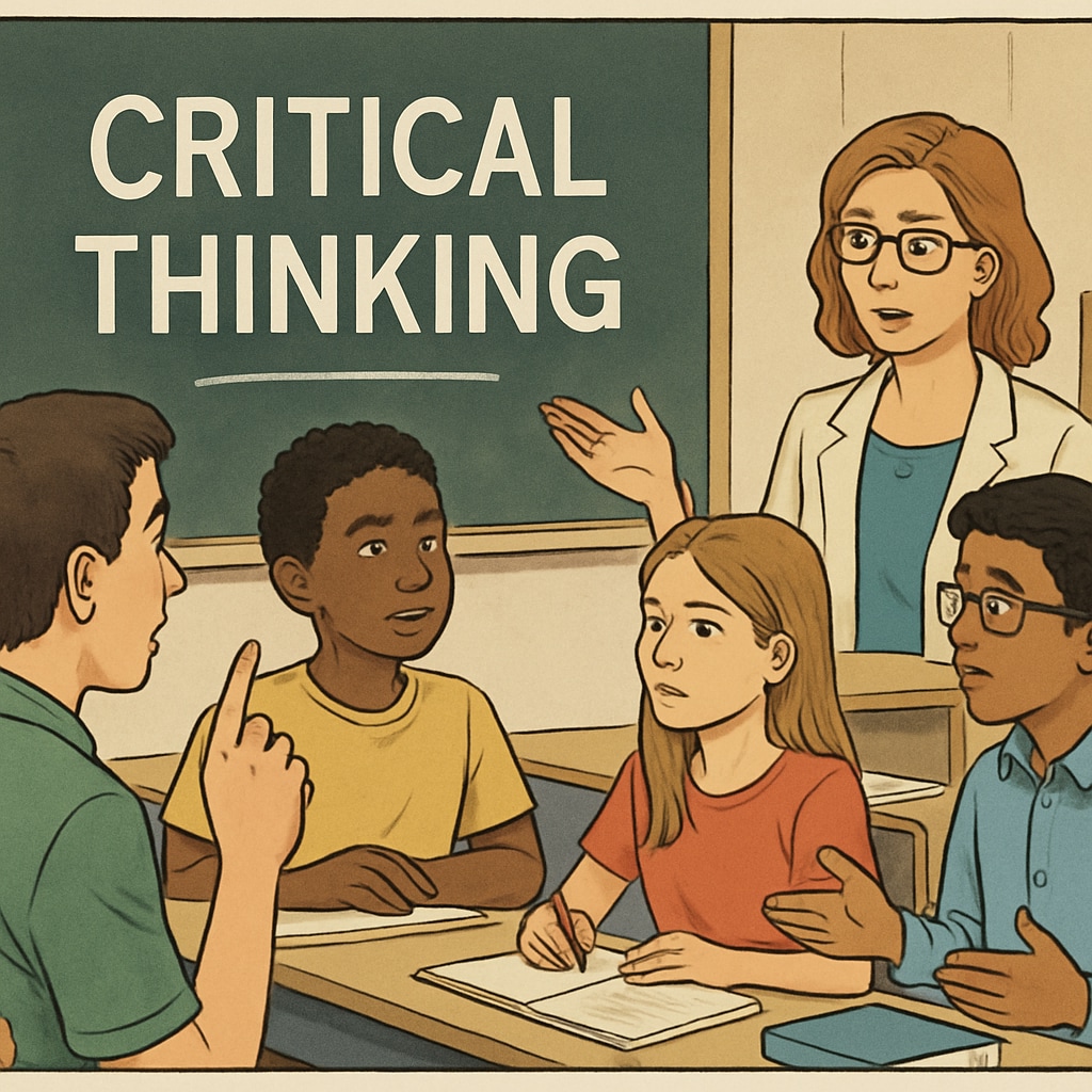 A classroom setting showing diverse students and a teacher engaging in discussion about critical thinking, symbolizing the importance of ideological balance. Classroom with diverse students and a teacher discussing critical thinking, representing ideological diversity.