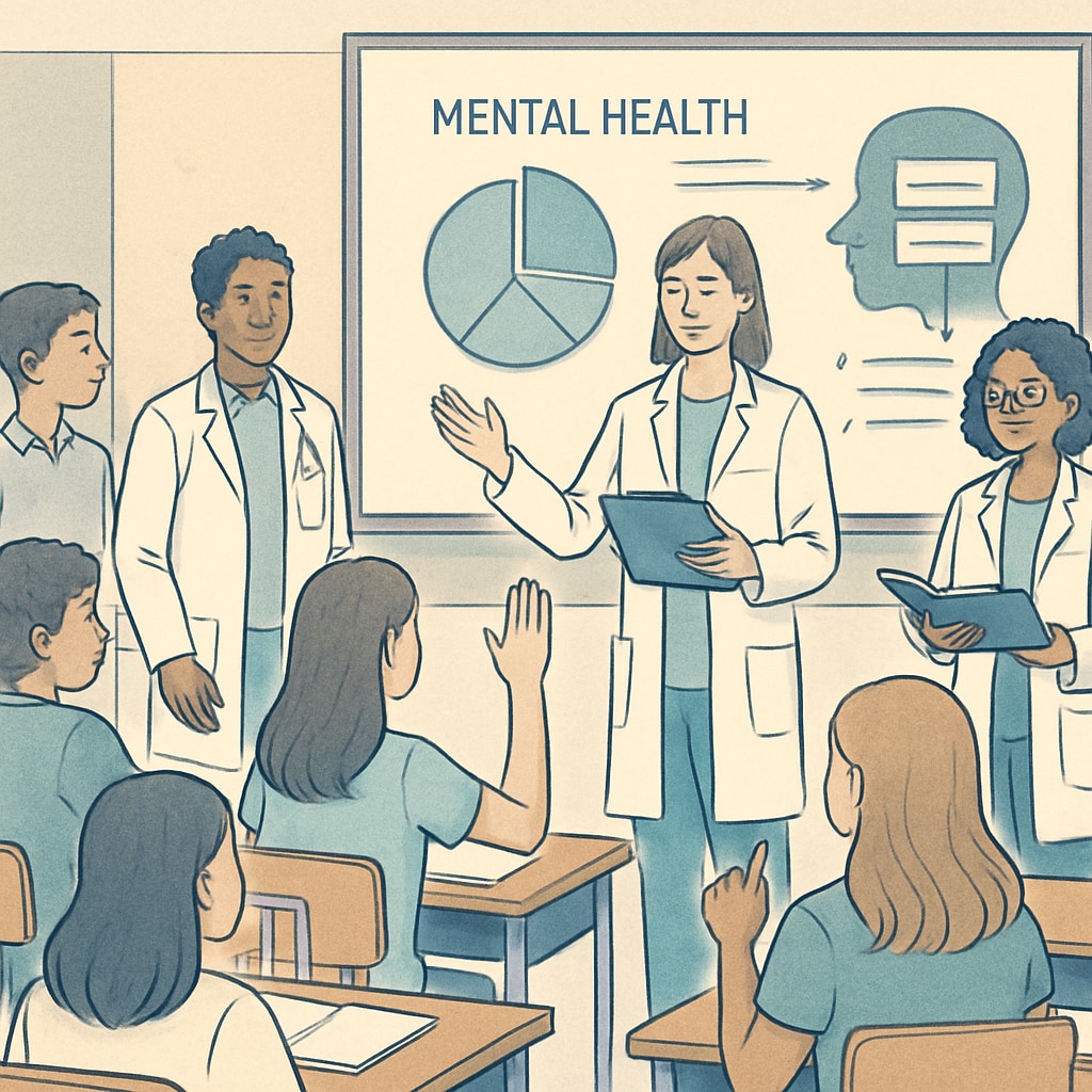 A group of medical students presenting a mental health seminar to high school students in a classroom setting. The image highlights the interactive and educational nature of the seminar. Medical students conducting a mental health seminar for high school students.