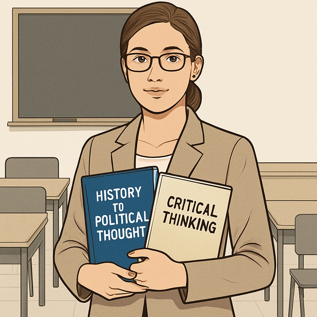 A teacher holding books titled “History of Political Thought” and “Critical Thinking,” emphasizing the intersection of education and ideology. Teacher holding books on political thought and critical thinking, symbolizing education and ideology’s intersection.