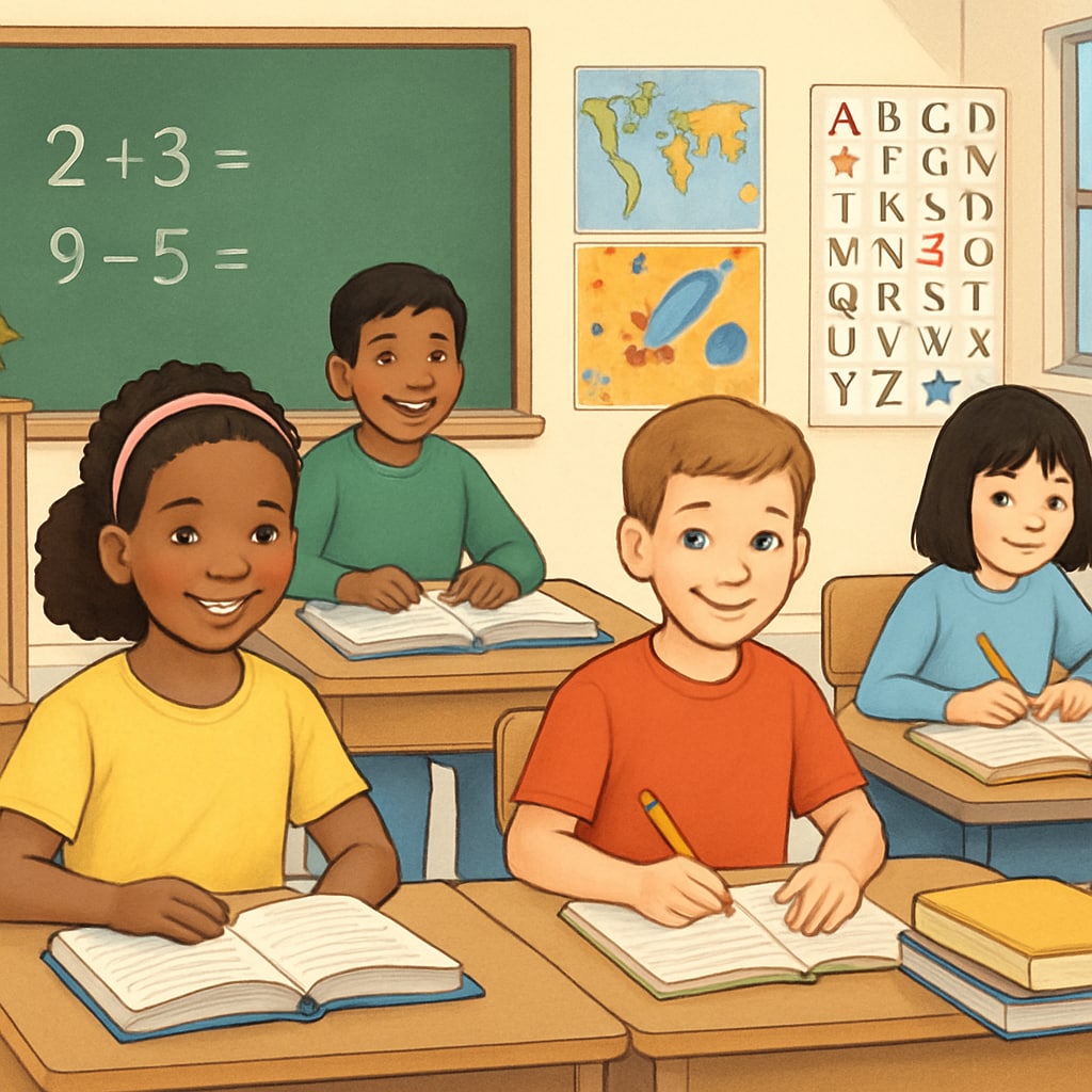 A group of diverse students in a classroom, representing public education. Students in a public school classroom affected by school voucher policies.