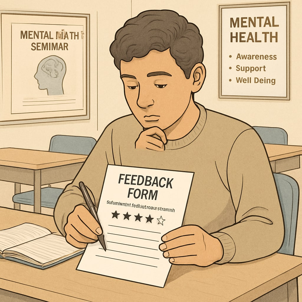 A student filling out a feedback form after attending a mental health seminar, emphasizing the importance of evaluation processes in assessing the seminar's impact. Feedback evaluation after a high school mental health seminar.
