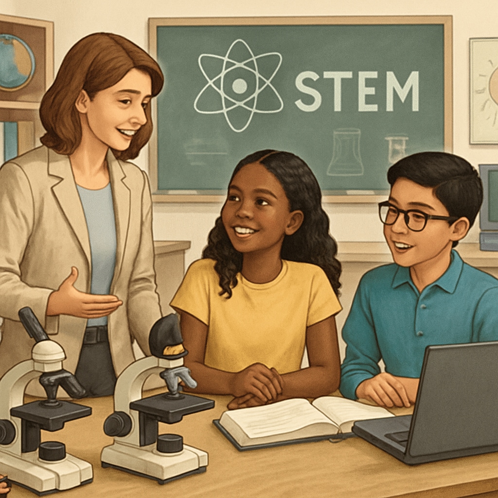 A teacher engaging with students in a STEM classroom, symbolizing innovation in public schools. A teacher leading a STEM class to highlight public school innovation.