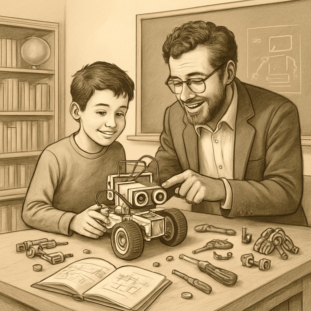 A young student working on a robotics project alongside a teacher in a classroom setting. The image reflects the fusion of education and engineering concepts. Student and teacher collaborating on robotics project, showcasing education and engineering degrees.