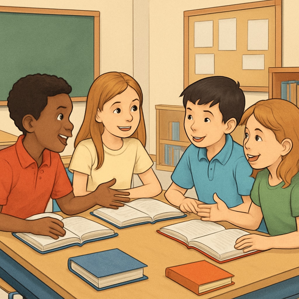 A group of elementary students enthusiastically discussing books during a classroom activity, showcasing active engagement and teamwork. Elementary students discussing books to enhance reading comprehension and motivation.