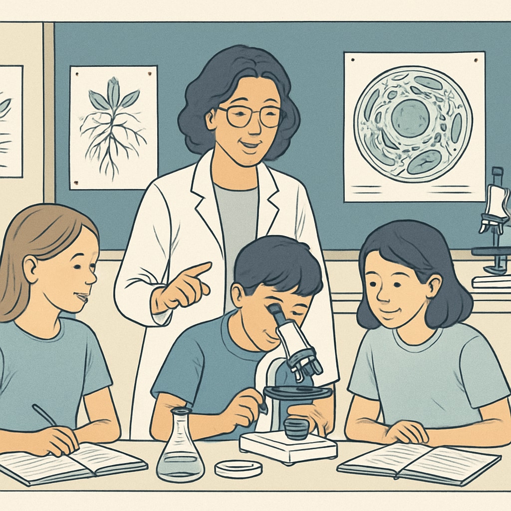 A teacher in a science classroom guiding students in conducting an experiment. The image emphasizes the practical application of biology expertise in education. Science teacher assisting students with laboratory experiments