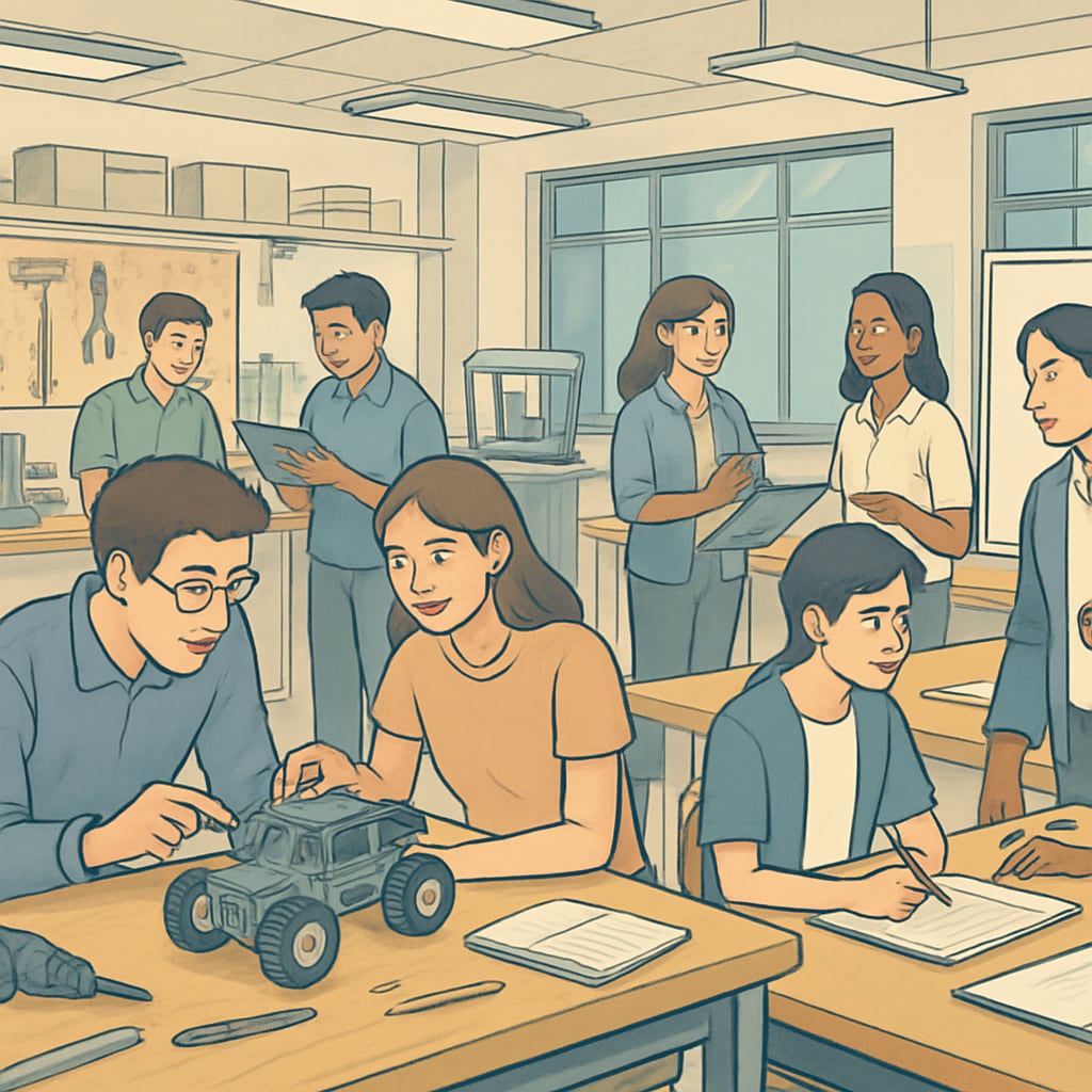 University campus with students collaborating in a makerspace, working on engineering and teaching projects. The image highlights interdisciplinary learning opportunities. University students in a makerspace, combining engineering and teaching principles.