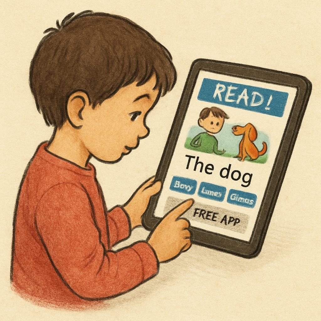 A child using a tablet to explore interactive reading activities on a free educational app, emphasizing technology-driven alternatives. Child exploring free reading comprehension activities on an educational app.
