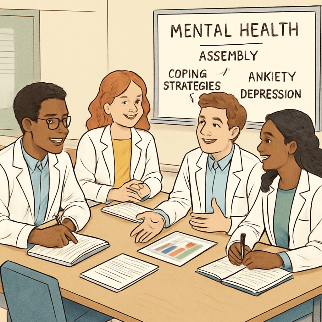 A group of enthusiastic medical students planning a mental health assembly for high school students. Medical students planning a mental health assembly for high school students.