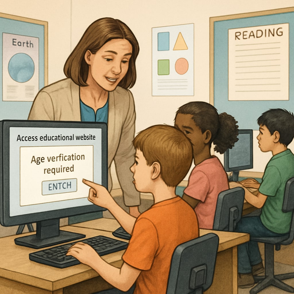 A teacher helping students access educational websites in a classroom setting, highlighting the impact of age verification laws. Teacher assisting students with educational websites, illustrating age verification challenges.