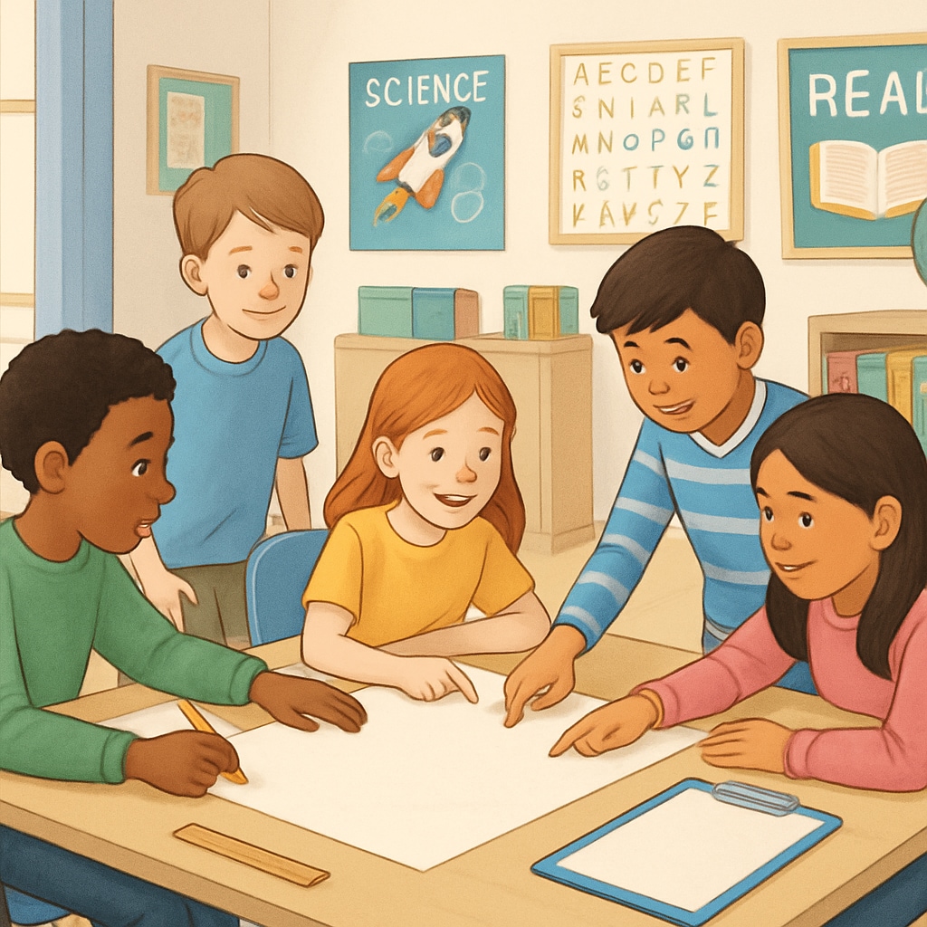 Diverse students in a public school classroom participating in a group activity.