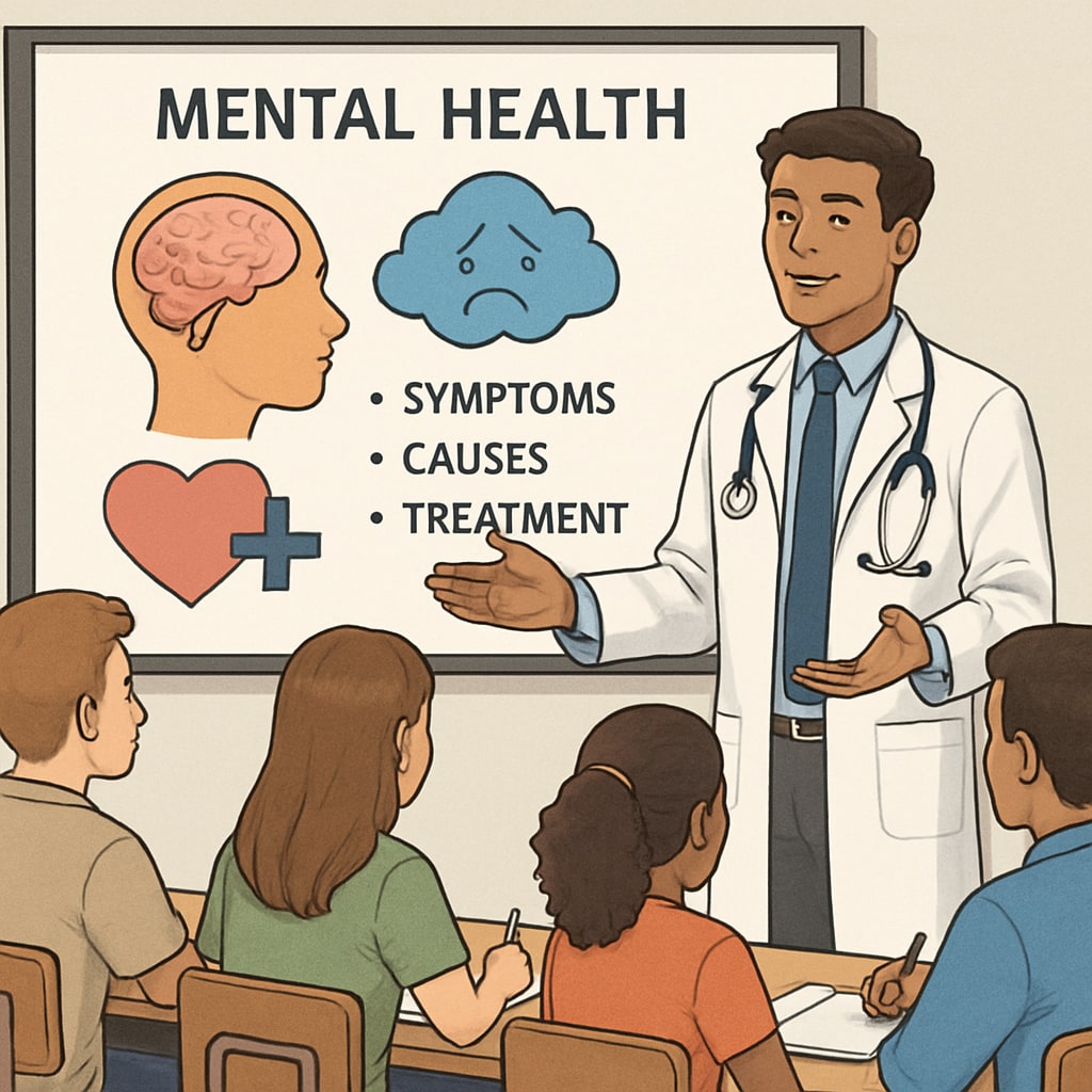 A medical student delivering an engaging presentation on mental health to a group of high school students. Medical student speaking at a high school mental health assembly.