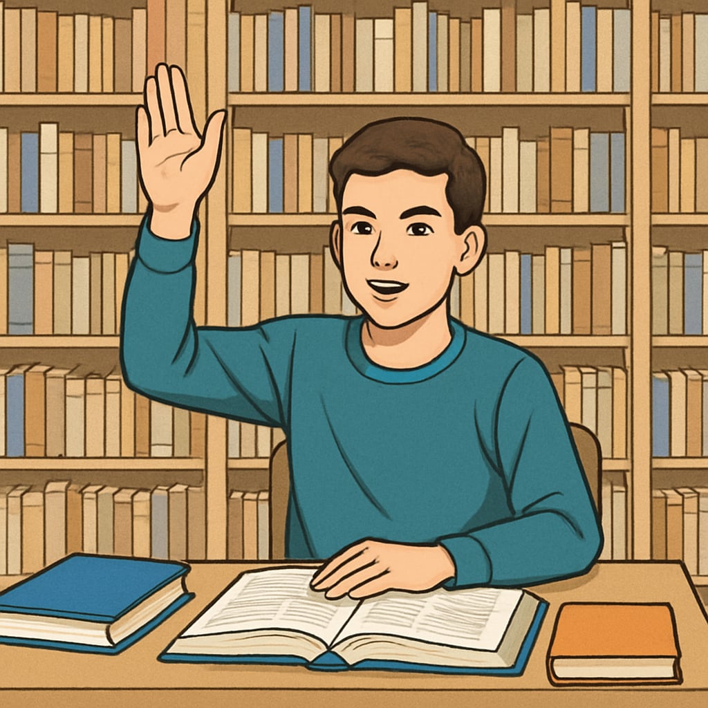 A student raising their hand in a library, symbolizing the need for accessible educational resources amid internet regulations. Student in library emphasizing access to resources despite internet regulations.