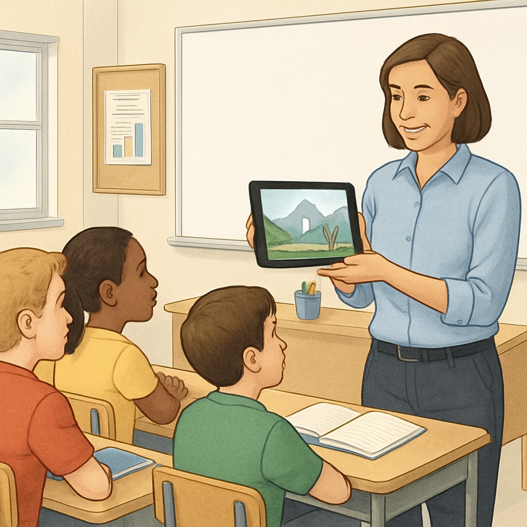 A teacher using a tablet to show travel videos to students in a classroom setting. A classroom scene where a teacher shares educational travel videos on a tablet.
