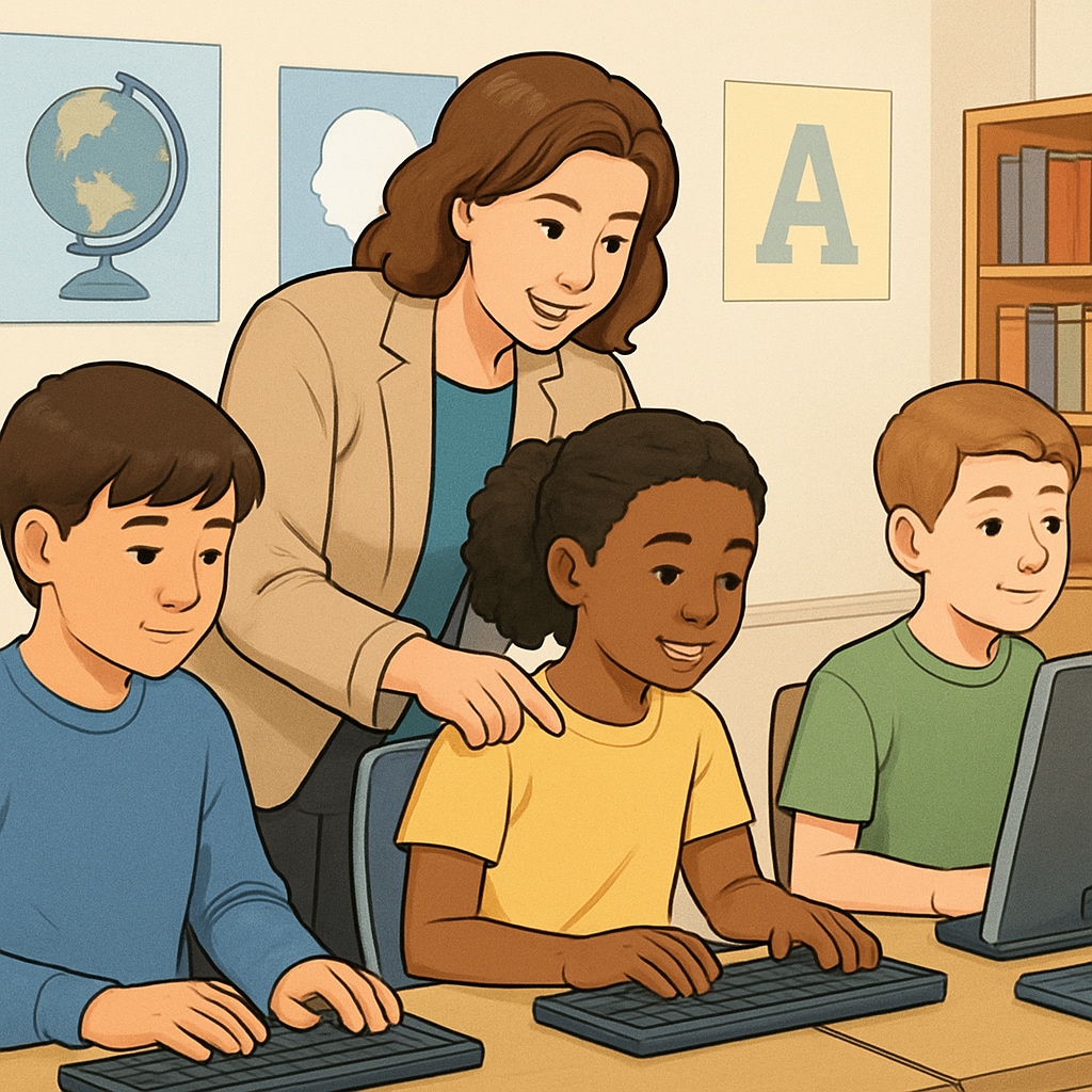 Teacher helping students in a computer lab at a public school.
