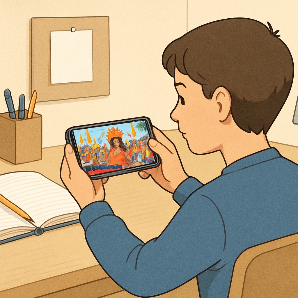 A student watching a travel video of a cultural festival on a smartphone. A student viewing a cultural festival travel video on a mobile device.