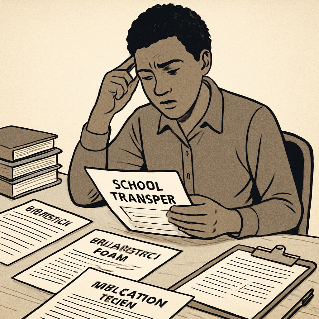 A concerned parent reviewing school transfer paperwork while surrounded by educational documents, symbolizing the challenges families face in navigating inter-district transfers. Parent reviewing paperwork related to school choice and inter-district transfers.