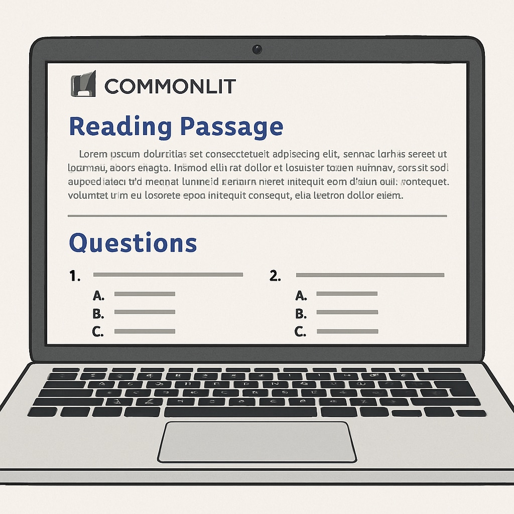 An example of a CommonLit reading passage with accompanying questions on a laptop screen. A CommonLit reading passage displayed on a laptop, ideal for 4th-grade reading comprehension.
