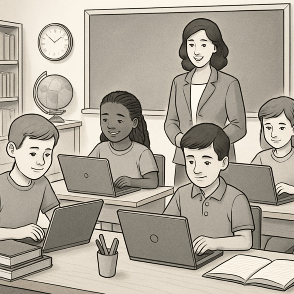 A classroom of students working on laptops, representing access to quality education and technological resources that families often seek through school choice programs. Students using laptops in a classroom, illustrating quality education access through school choice.