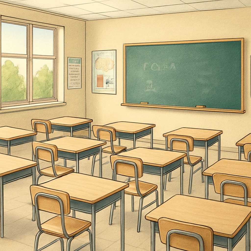 A classroom with empty desks, symbolizing the impact of student loss on public schools. Empty classroom desks illustrating the effect of education vouchers on public schools.