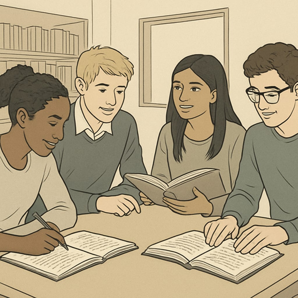 A diverse group of UK students collaborating on an academic project, illustrating the flexibility and depth of the A Levels system. UK students working on a project, showcasing the student-focused approach of the A Levels model.