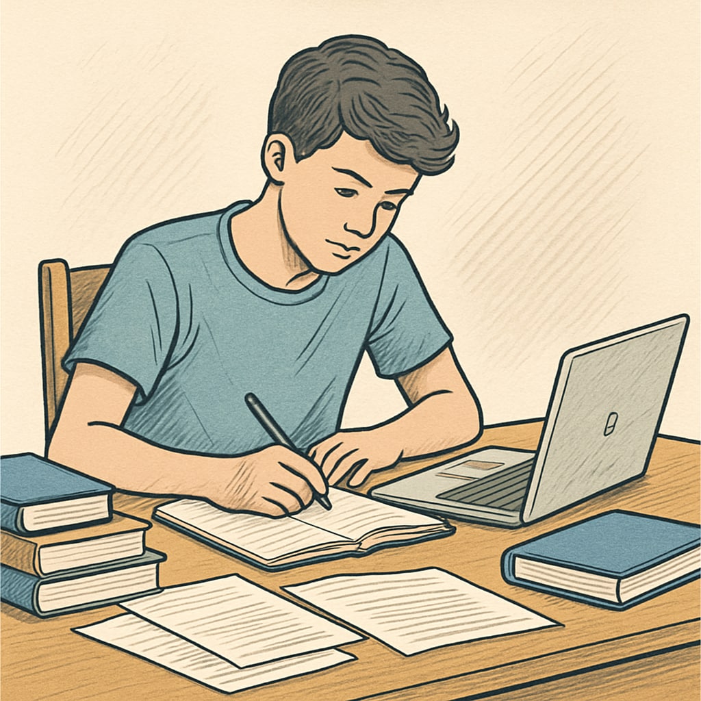 A teenager studying at a desk with a notebook and laptop, representing self-directed learning. Teenager studying with notebook and laptop to promote learning motivation.
