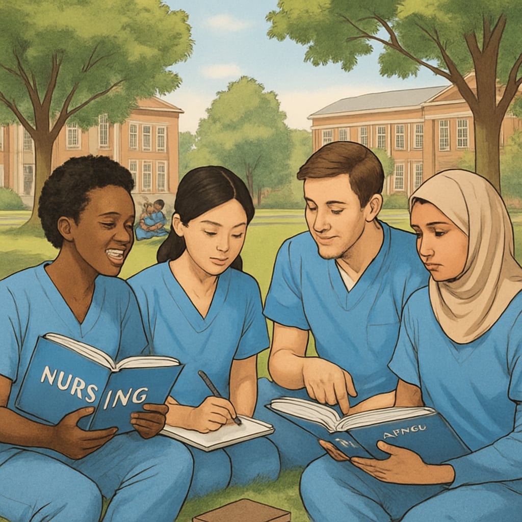 Nursing students studying on campus to balance academics and social life.