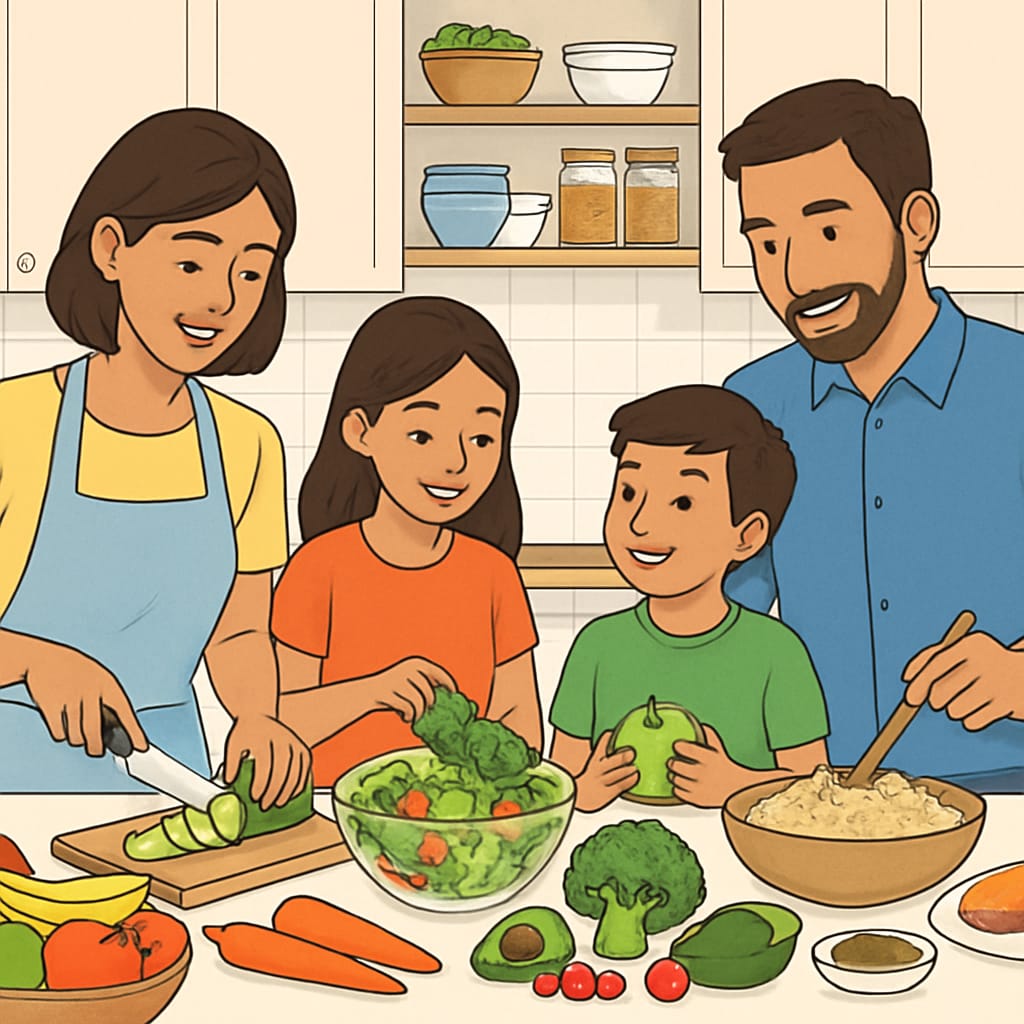 A family preparing a healthy meal together in the kitchen, illustrating the importance of balanced nutrition. Family preparing a healthy meal to support teens' healthy habits.