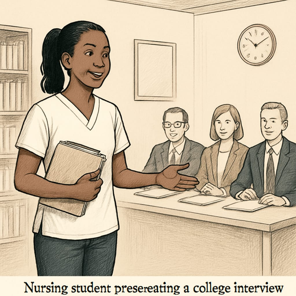 A prepared nursing transfer student presenting during an interview.