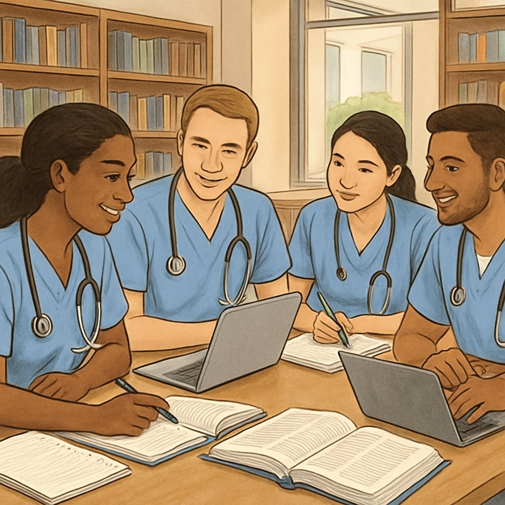 A diverse group of nursing students studying together in a campus library, symbolizing teamwork and academic focus. Nursing students studying together, representing balance in academics and social life.