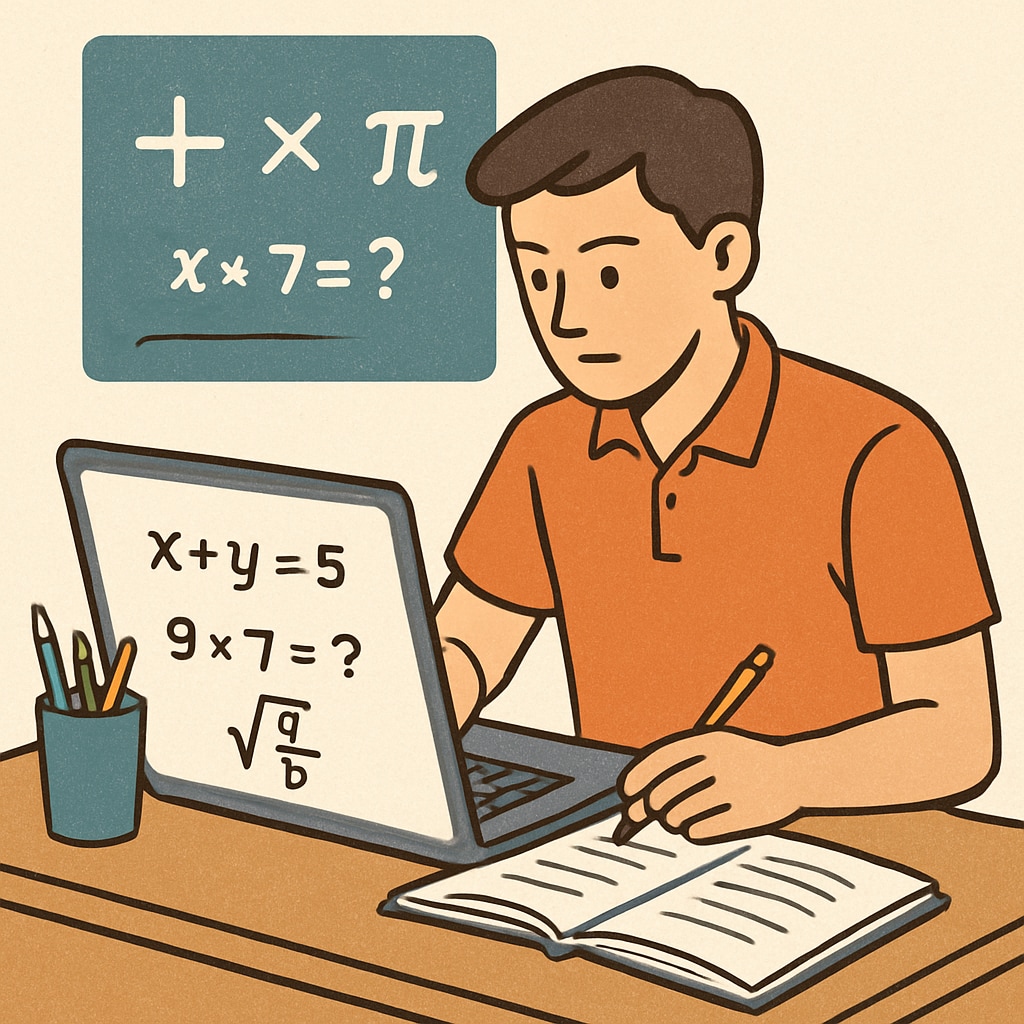 A student solving math questions on a laptop, representing online math preparation for campus recruitment. Student preparing for campus recruitment math test using online resources.