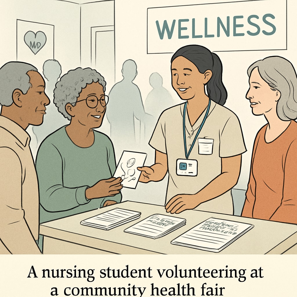 A nursing student volunteering at a community health fair, engaging with attendees to promote wellness. Nursing student volunteering, showcasing hands-on experience with community health.